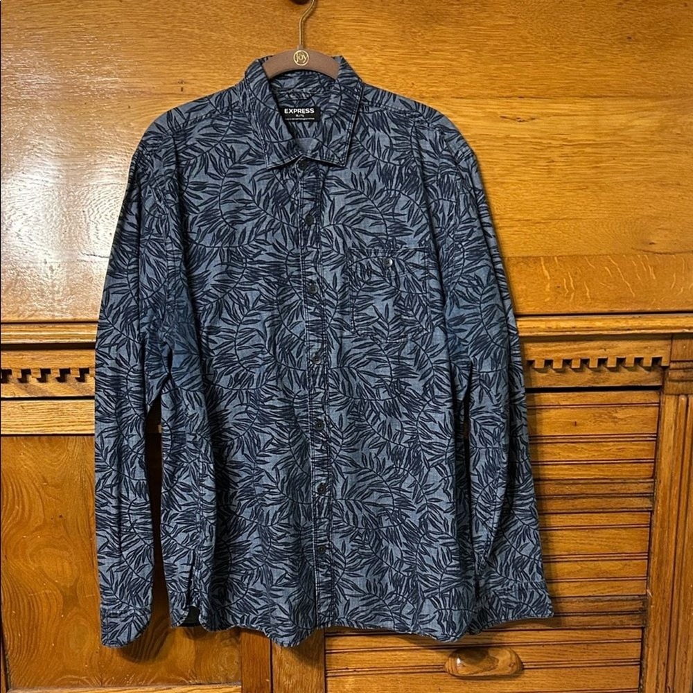 Express Mens Beachy Blue Tropical‎ Leaf Print Cotton Button Up Long Sleeve Shirt